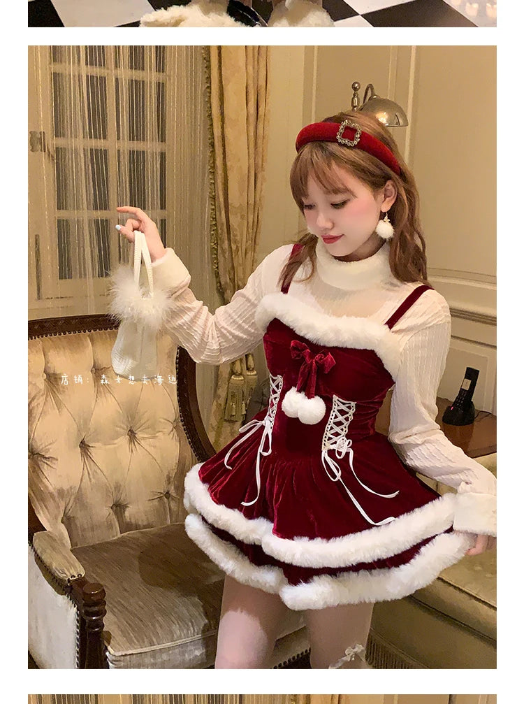 Christmas Gift New Winter Fur Stitching Hooded Cloak Spaghetti Strap Red Dress 2 Piece Set Sweet Cute Women's Cape Dresses